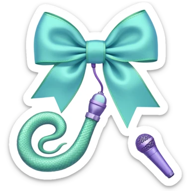 A pastel blue bow with a pastel a pastel green snake at the top of one side and a pastel purple microphone on the bottom of the other side of the bow sticker