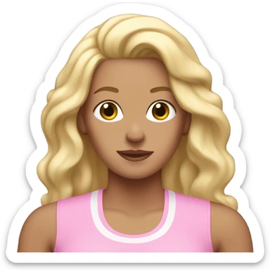 White woman, long hair, blonde hair, wavy hair, baby pink workout clothes, sweat on forehead sticker