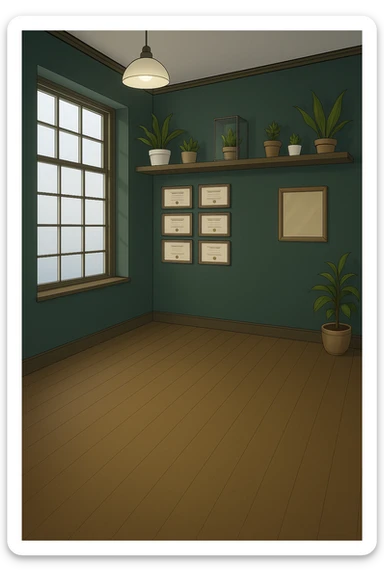 PRENDI SPUNTO DAI COLORI E DALLO STILE DELLA STANZA CON L'UOMO CON IL CAMICE E faMMI QUESTA STANZA VUOTA STILE MANGA/WEBTOON A COLORI SENZA LE PERSONE, SOLO LA STANZA. FALLA MOLTO PIù LUMINOSA, NON LUCI GIALLE sticker