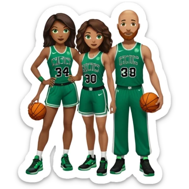 48-year-old black woman with brown eyes, long dark brown balayage hair dressed in sexy 
celtics jersey costume outfit & stilettos with bald white man with ginger beard, and he has blue eyes, wearing a Jason Tatum Boston Celtics Jersey, matching Nike sneakers  sticker