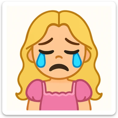 Create an edited version of the reference image in the style of apple emojis. The character should have blonde long hair, green swamp eyes, and wear a pink pastel dress. Change the expression to a crying expression while keeping all facial features, clothes, and hairstyle from the reference. sticker