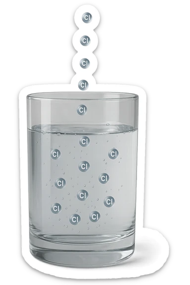 un bicchiere di acqua fluttua in aria realistico e dettagliato, dentro l'acqua del bicchiere ci sono particelle di cloro ben visibili con la scritta "Cl" sopra, ci sono particelle anche che escono dal bicchiere e fluttuan
o in aria verticalmente, mentre alcune sono all'interno dell'acqua nel bicchiere, iperrealistico 4k sticker