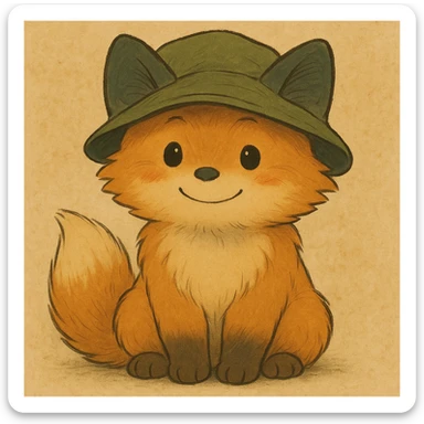 A cute, fluffy fox with a round head in the style of Studio Ghibli, wearing a hat. sticker