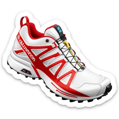White Salomon XT-6 shoes with the signature colored speedcross stripe running through the middle, red Salomon logo stripe, one shoe behind the other, iOS emoji style, rest of the shoe pure white sticker