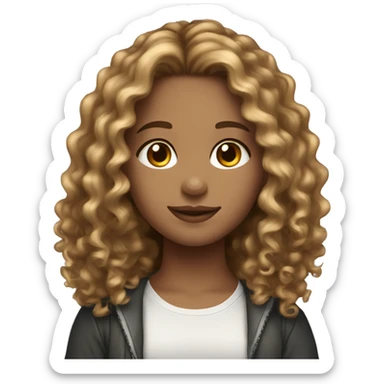 girl with brown curly hair and blonde highlights wearing a  sticker