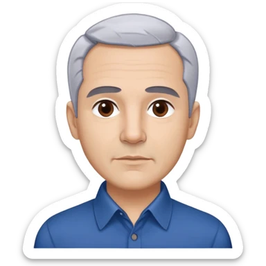 Puerto Rican actor René Monclova with light skin, round face, broad cheekbones. Lively dark brown eyes, thick straight eyebrows. Short silvery gray hair with receding hairline. Professional demeanor. Wearing a dark blue collared shirt. sticker