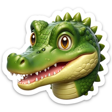 Cinematic Realistic Cute Crocodile Portrait Emoji, Head tilted playfully and inquisitively, featuring a robust, well-defined build with intricately detailed, glossy olive-green scales and a surprisingly endearing face with round, sparkling eyes full of unexpected charm, rendered with lifelike texture and natural highlights, high shine, affectionate and spirited, styled with a touch of wild whimsy, soft glowing outline, capturing the essence of a mischievous yet lovable crocodile that seems poised to snap playfully out of the screen into your arms! sticker