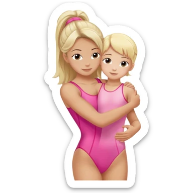 brunette trainer hugs a blonde child in a pink leotard ою в рожевому трико  sticker
