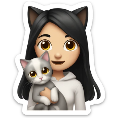 girl with long black hair holding a furry and cute ciames cat sticker