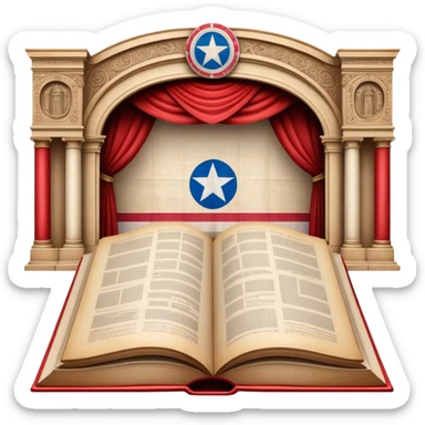 Vintage open book centered on elaborate theater scenography sketches, technical drawings of stage elements, set models on parchment pages, Puerto Rican flag elements throughout the designs sticker