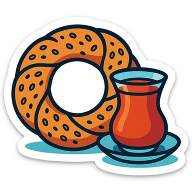 a simit, shown with a cup of Turkish tea beside it sticker