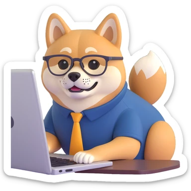 shiba inu with eye glasses and computer sticker