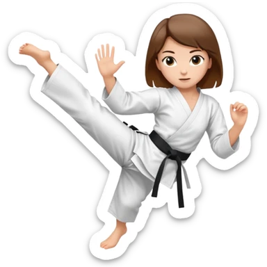 Ragazza castana che pratica karate, ha la cintura nera ed io tradizionale kimono bianco del karate, tira un calcio laterale oppure un pugno oppure è in posizione di guardia sticker