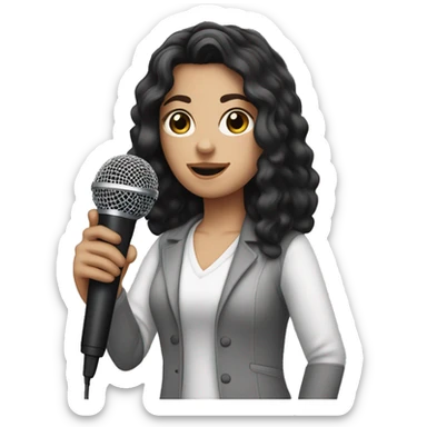white girl with dark hair handing a microphone to someone sticker