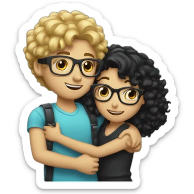 boy with curly blonde hair and glasses hugging girl with black hair and glasses sticker