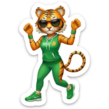 female energetic anthropomorphised tiger in full body, wearing St. Patrick's Day themed sportswear and dark sunglasses, dynamic pose sticker