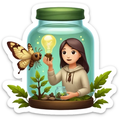 forest mystic character catching glowing idea moth in jar sticker