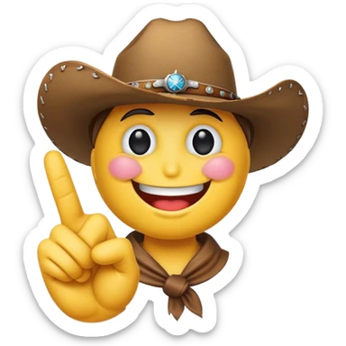 smiley face emoji wearing a cowboy hat performing the finger guns gesture sticker