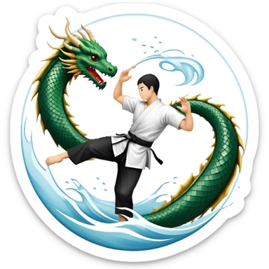 An icon symbolizing Eastern martial arts in the style of an emblem, featuring a black-and-white Yin-Yang symbol and a dragon at the center. A martial artist is performing a fluid kick, surrounded by elements like a dojo and bamboo. Transparent background highlights balance and power. sticker