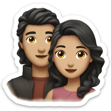 A half pale Asian man with short dark hair and amber eyes embracing and loving a half Asian woman with long wavy dark hair and dark hazel eyes. They love each other a lot And have good fashion taste. sticker