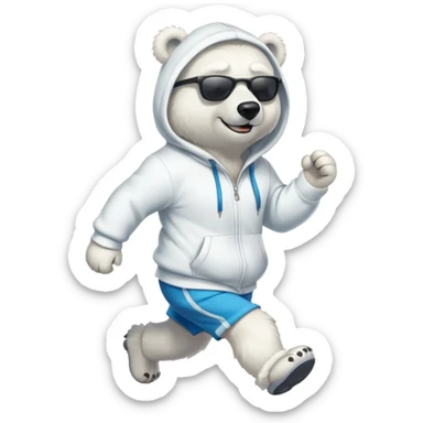 friendly anthropomorphised polar bear jogging upright wearing a hoodie and shorts, dark sunglasses sticker
