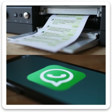realistic thumbnail for a WhatsApp print out service, with a close-up of a printer printing WhatsApp messages, and a phone with the WhatsApp logo visible sticker
