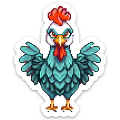 A cute blue-green rooster chicken with big eyes, red comb, small wings, skinny legs, and goofy expression sticker