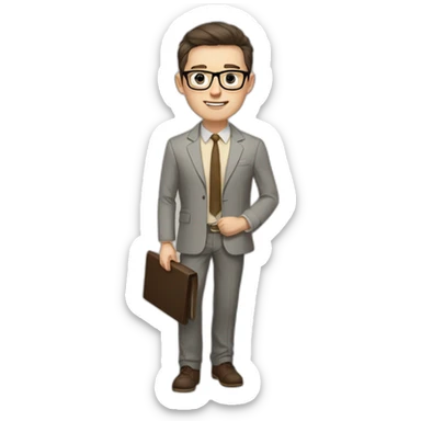 Pale skinned fit man with dark brown hair in gray jacket, beige office shirt, brown tie, brown pants and vintage glasses Writing on the tablet sticker