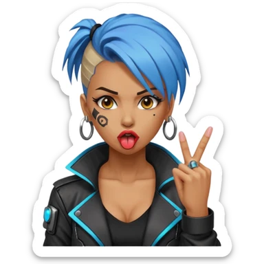 Woman with her tongue out in cyberpunk clothing and giving the middle finger. Looking naughty. sticker