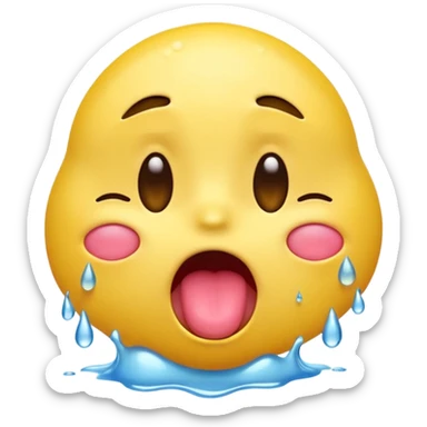 A yellow emoji face with flushed cheeks, eyes squeezed shut, mouth open with tongue hanging out, sweat droplets all over the face, expressing a mix of exhaustion, heat, and overwhelming intensity. Highly expressive, 3D-rendered with vibrant shading and glossy finish. sticker