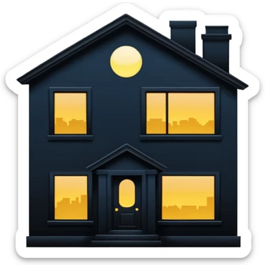 Minimalist emoji-style sticker of a house silhouette at night with a single lit window, and an eye visible inside. Flat, dark, quiet style.
 sticker