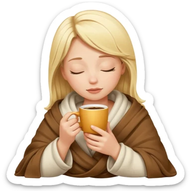 Blonde girl inside a blanket sipping coffee eyes closed sticker
