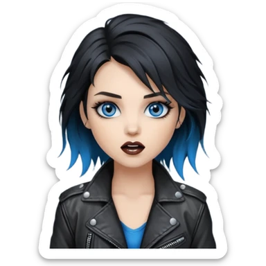 
 rockstar girl with black disheveled hair, blue eyes, Smokey eyes grunge makeup, singing  sticker