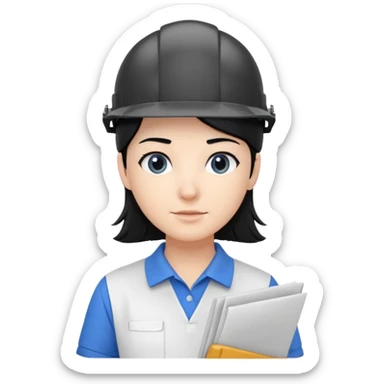 engineer wearing white polo touch of white holding blue print, black hair with headgear sticker