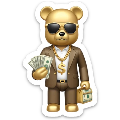 hustler bearbrick toy figure wearing gold chain, sunglasses and money sticker