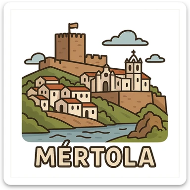 flat toon style icon of Mértola with castle and river sticker