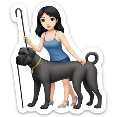Woman with long black hair wearing spaghetti strap top holding a black Cane Corso dog with cropped ears and short tail sticker