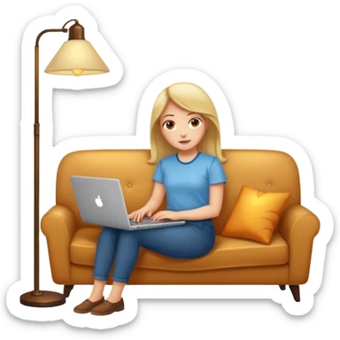 A girl is working with a laptop while lying on a sofa, with a floor lamp to the right. sticker