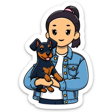 girl in denim jacket holding a Doberman dog sticker
