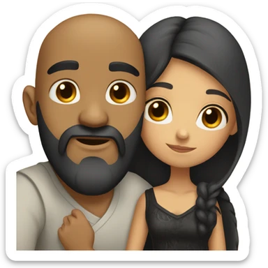 Bald man with black beard and girl with long black hair hugs sticker