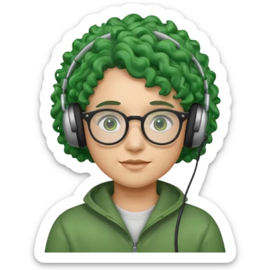 headphone wearing and glassess and green curly haired sticker
