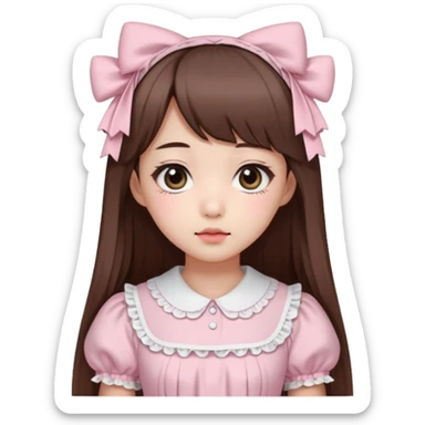 She has fair skin, is Korean, has long straight brown hair, slanted black eyes, with a very Kawaii baby pink lolita dress.  sticker