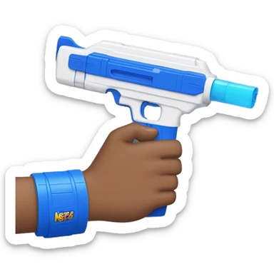 White hand holding blue nerf gun  sticker