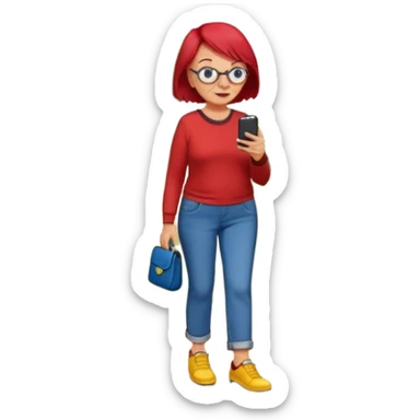 An old lady with red hair, wearing a red shirt, blue jeans, yellow shoes walking in a park holding a cell phone with a text bubble that says Have you checked in to the meetup? sticker