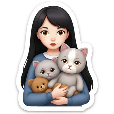 girl,drak eyes, red cheeks, black long hair with a bang, white face, holding a British gray cat and a brown teddy bear sticker