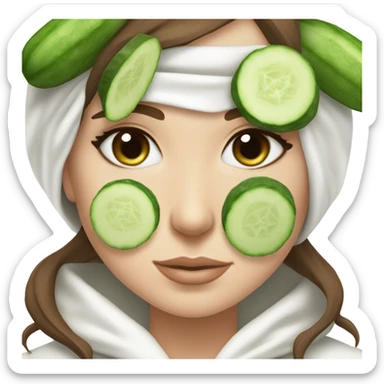 White girl with Brown hair and blue eyes wears a Green colored skincare clay textured mask and puts on cucumbers around her eyes while She relaxes in her white Robe sticker