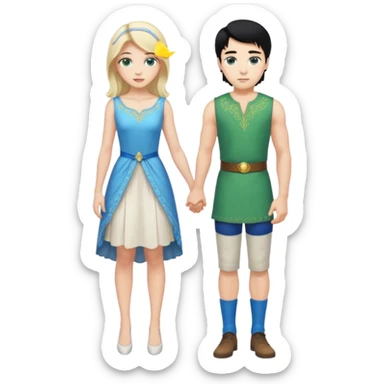 prince, standing upright, black Hair, blue eyes, garment,  woman, bending knee, sleveless white dress, blonde hair, green eyes, sticker