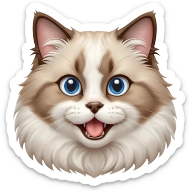 cinematic-adorable-big-eyed-fluffy-brown and white ragdoll-cat-portrait-emoji,-head-tilted-playfully-with-a-cute,-yawn,-soft-brown-and white-colored-fur-with-darker-points-on-the-ears,-simplified-yet-irresistibly-cute-features, sparkling blue eyes sticker