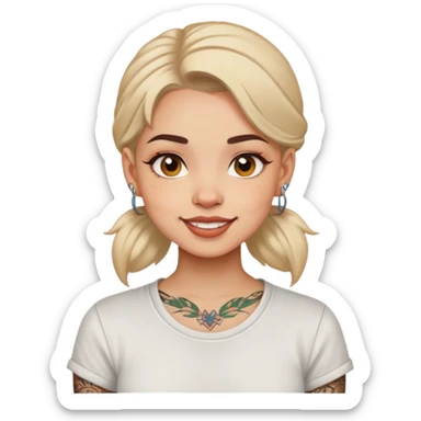 girl with small face tattoos, cheerful expression, wearing a shirt sticker