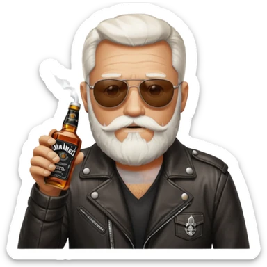 Un motero de barba blanca, gafas oscuras chupa de cuero y bebiendo de una botella de Jack Daniel's. sticker